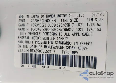 2007 Honda Cr-V Ex z USA, uszkodzony, nr VIN JHLRE48587C052102